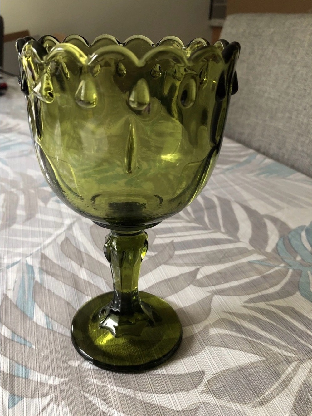 Vtg Avocado Green Glass Goblet, Tear Drop, Scalloped - 7” Tall